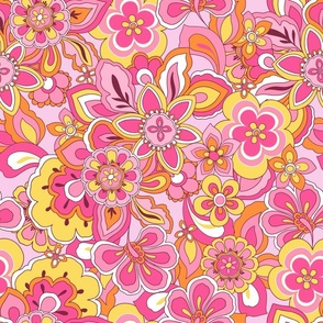 70s Floral Retro Dream Pink yellow orange Large Scale by Jac Slade
