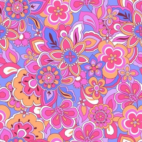 70s Floral Retro Dream Orange pink purple on periwinkle blue Large Scale by Jac Slade