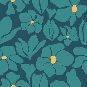 Magnolia Flowers - Matisse Inspired - Teal Blue Green - MEDIUM