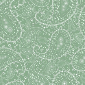 White Paisley on Jade Green - MEDIUM