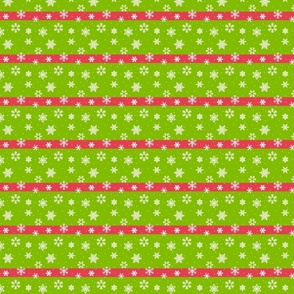 snowflakes with dots on green with red stripes