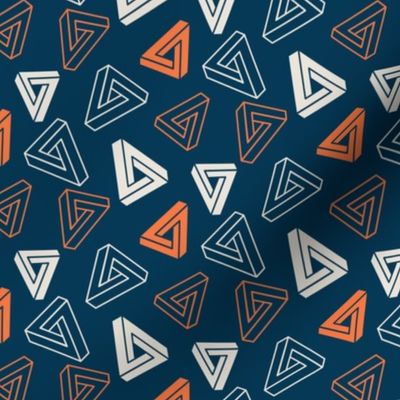 Penrose triangle - Optical Illusion - 3D Geometric Abstract - Navy and Orange