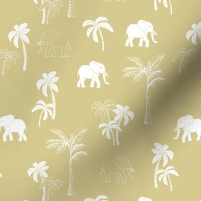 Tropical Forest Elephant and boho Palm Trees in white on ginger
