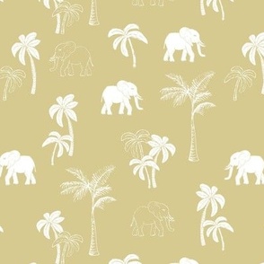 Tropical Forest Elephant and boho Palm Trees in white on ginger