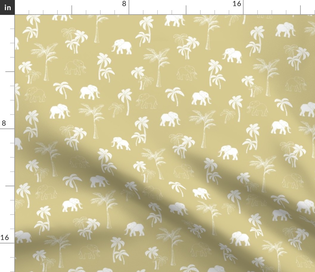 Tropical Forest Elephant and boho Palm Trees in white on ginger