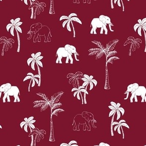 Tropical Forest Elephant and boho Palm Trees in white on burgundy