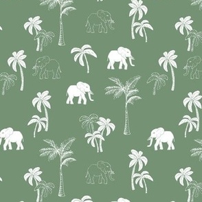 Tropical Forest Elephant and boho Palm Trees in white on sage