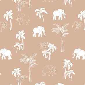 Tropical Forest Elephant and boho Palm Trees in white on faded cinnamon
