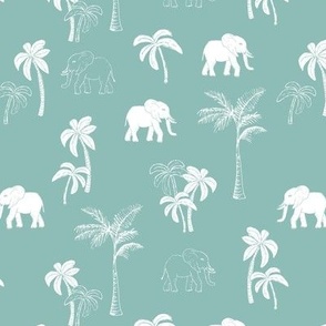 Tropical Forest Elephant and boho Palm Trees in white on teal