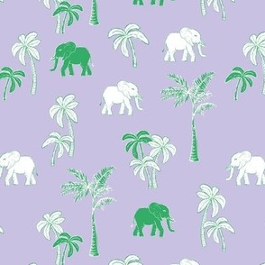 Tropical Forest Elephant and boho Palm Trees in apple green white on lilac