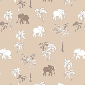 Tropical Forest Elephant and boho Palm Trees in chocolate brown white on camel