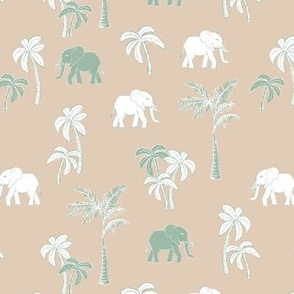 Tropical Forest Elephant and boho Palm Trees in sage white on camel