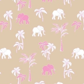 Tropical Forest Elephant and boho Palm Trees in pink white on camel
