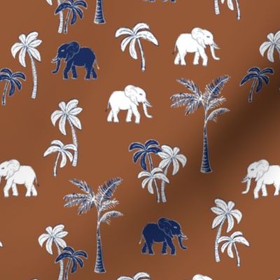 Tropical Forest Elephant and boho Palm Trees in navy white burnt orange 