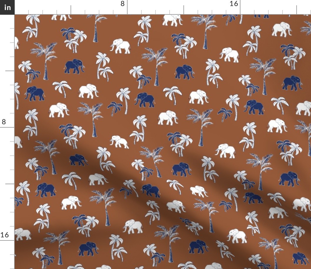 Tropical Forest Elephant and boho Palm Trees in navy white burnt orange 