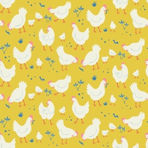 Happy White Chickens on a yellow background