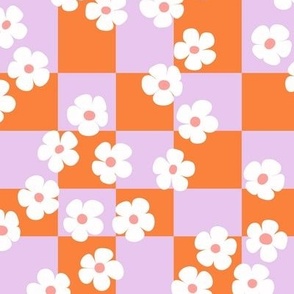 checkered daisies ditsy flower retro vintage gingham racer block geometric boho garden plaid design in orange white and lilac LARGE