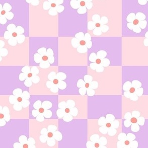 checkered daisies ditsy flower retro vintage gingham racer block geometric boho garden plaid design in lilac white and faded coral LARGE