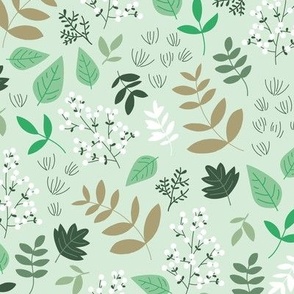 autumn leaves botanical garden berries and branches in white green caramel charcoal on faded jade
