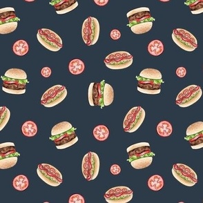 Burgers and Hot Dogs on dark navy grey - small scale