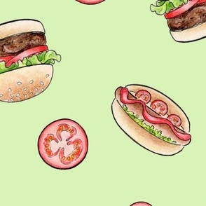 Burgers and Hot Dogs on pale green - medium-large scale