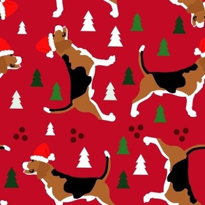 Beagles in Santa hats Christmas Red