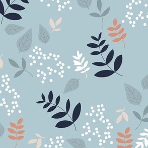 autumn leaves botanical garden berries and branches in slate white camel orange charcoal on faded baby blue