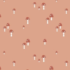 Little abstract autumn mushrooms in white red in burnt orange
