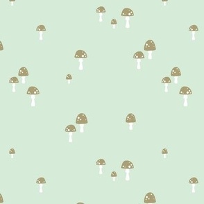Little abstract autumn mushrooms in brown white on bright sage