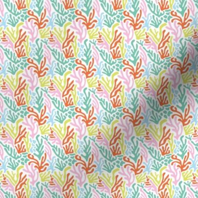 Colorful Matisse inspired leaves minimalist abstract Coral Shapes in teal lime pink and orange on white TINY