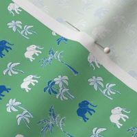 Tropical Forest Elephant and boho Palm Trees in white blue on faded jade green mint SMALL