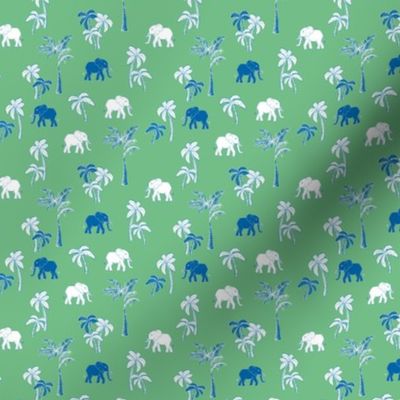 Tropical Forest Elephant and boho Palm Trees in white blue on faded jade green mint SMALL