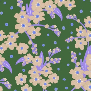 Purple and Cream Forget-me-not Flower on Forest Green | Large Scale