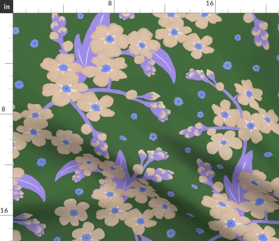 Purple and Cream Forget-me-not Flower on Forest Green | Large Scale