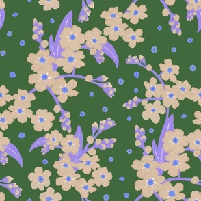 Purple and Cream Forget-me-not Flower on Forest Green | Medium Scale