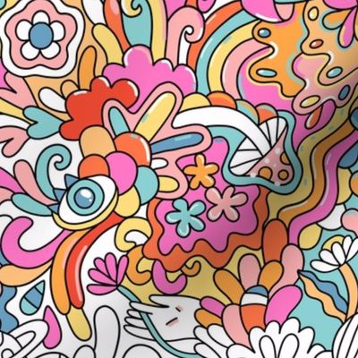 1970 psychedelic doodles with cat, mushroom, heart and flowers