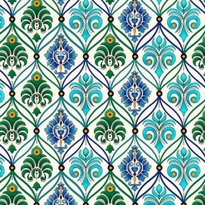 Small Arabesque Mosaic with Damask Florals in Blues and Greens