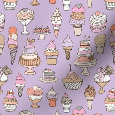 Party sweet cupcakes ice cream and cakes in purple blush sand white and lilac