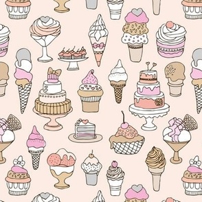 Party sweet cupcakes ice cream and cakes in lilac pink sand and white on blush