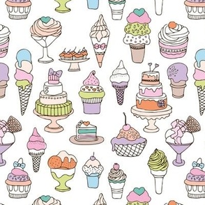 Party sweet cupcakes ice cream and cakes in lilac orange baby blue and lime on white