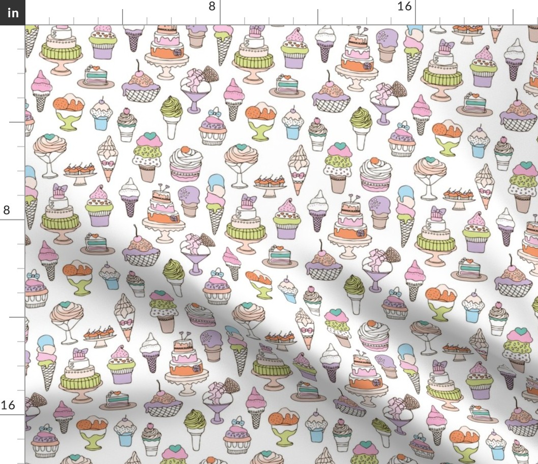 Party sweet cupcakes ice cream and cakes in lilac orange baby blue and lime on white