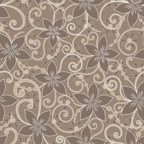 Simple swirl pattern and flowers, beige background.