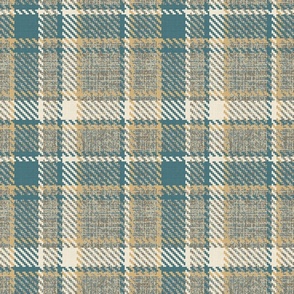 Tweed Mohair Woollen Tartan Cloth Teal Blue Ochre Ivory 