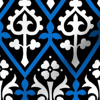 Gothic Revival floral lattice, blue and white on black