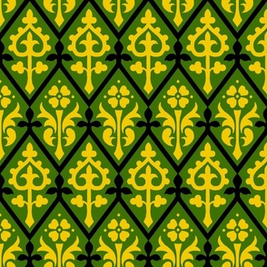Gothic Revival floral lattice, black and yellow on green