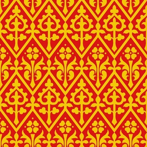 Gothic Revival floral lattice, yellow on red