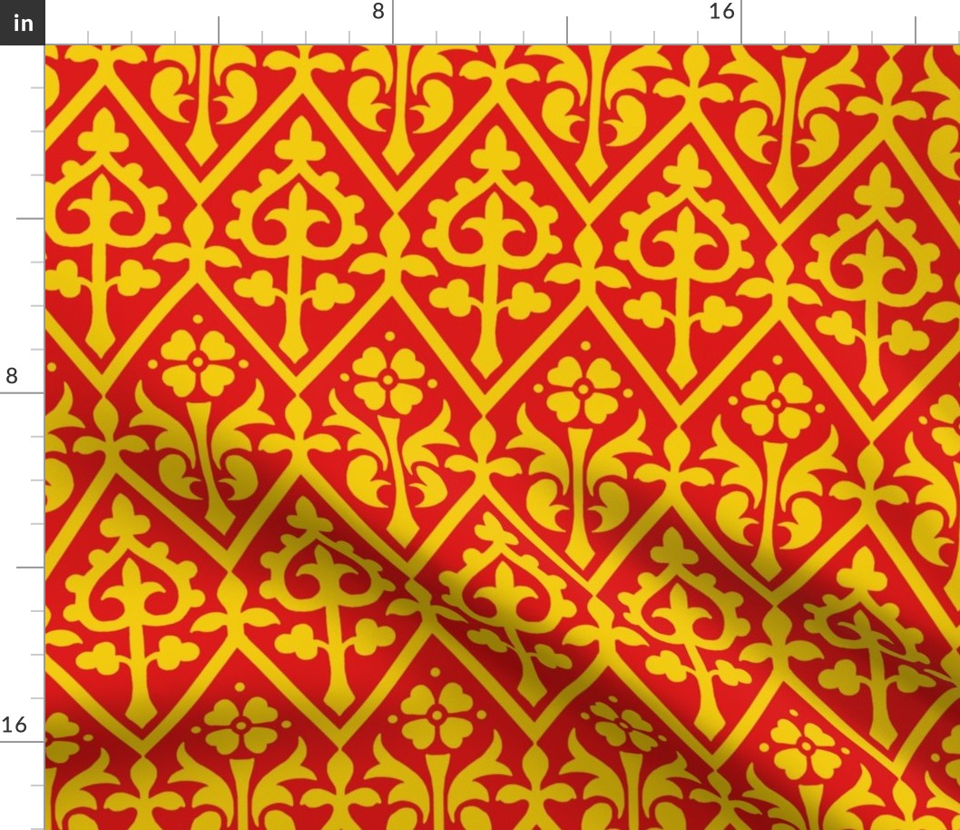 Gothic Revival floral lattice, yellow on red