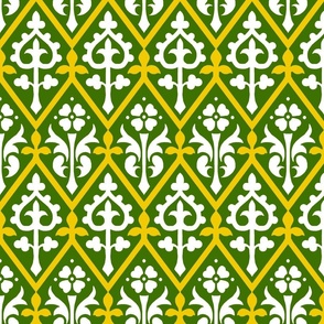 Gothic Revival floral lattice, yellow and white on green