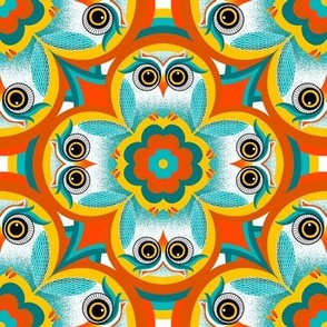 Owl Flowers 70s Floral with Orange , Teal and Yellow - Small Scale