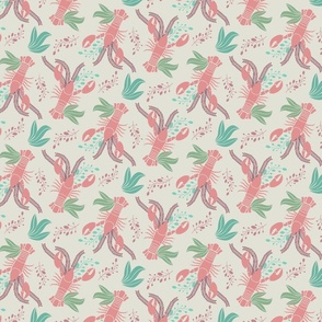 Pink lobster under the sea with algae on cream background (small)